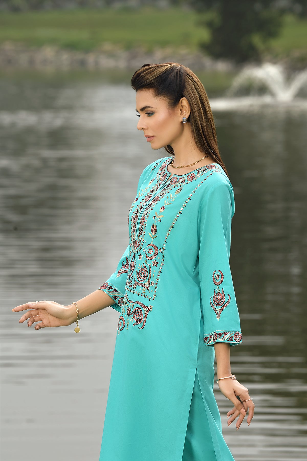 KPS22-29-Embroidered Long Shirt With Culottes Pants 2PC