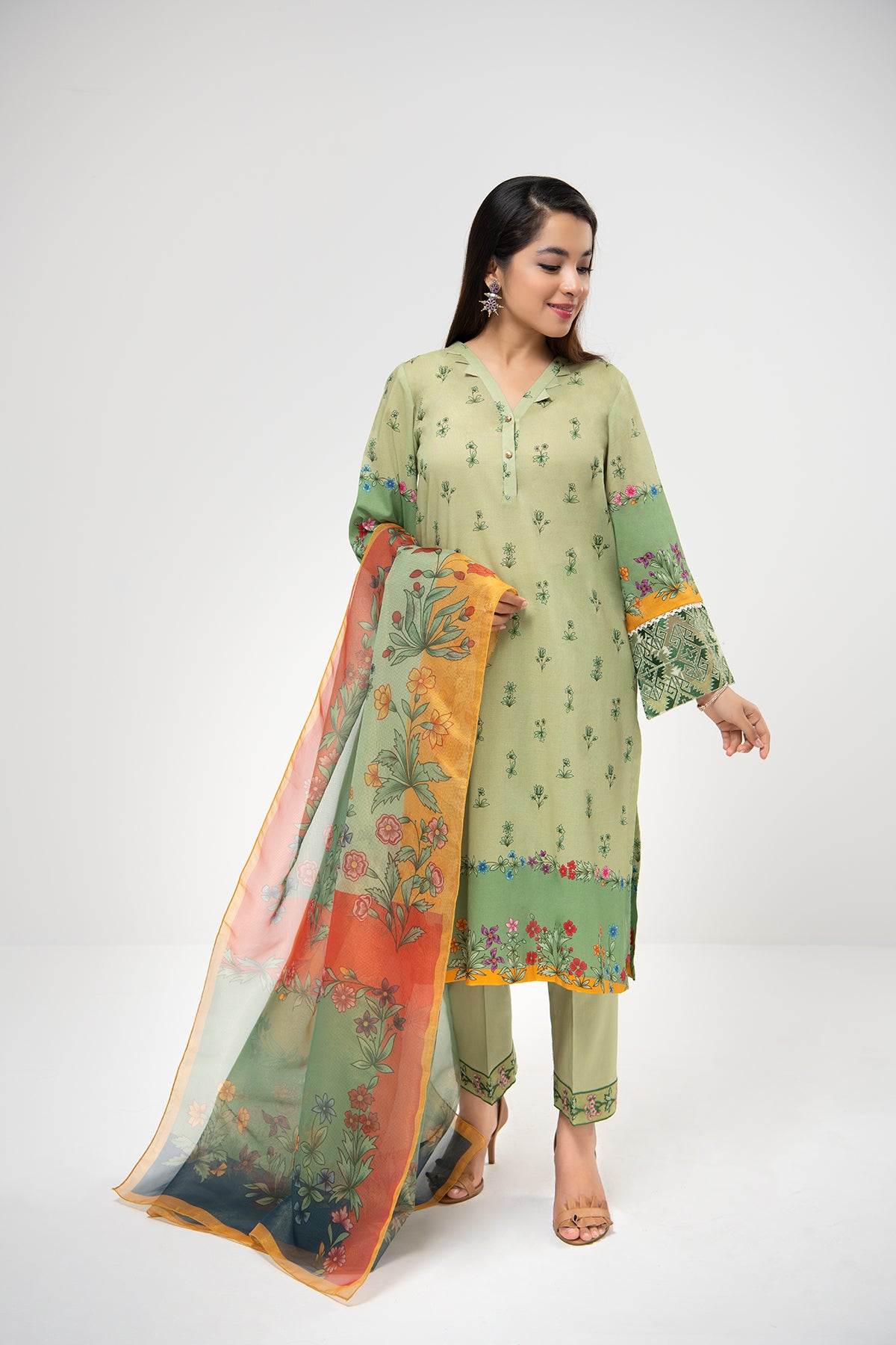 PDE21-09 3PC-Embroidered Printed Shirt, Dyed Cambric Trouser With Gold Net Dupatta
