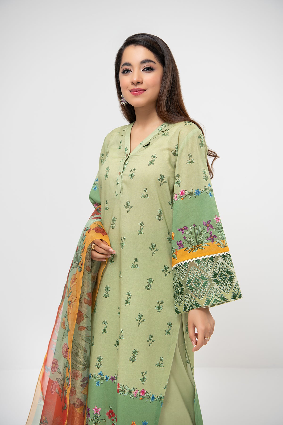 PDE21-09 3PC-Embroidered Printed Shirt, Dyed Cambric Trouser With Gold Net Dupatta
