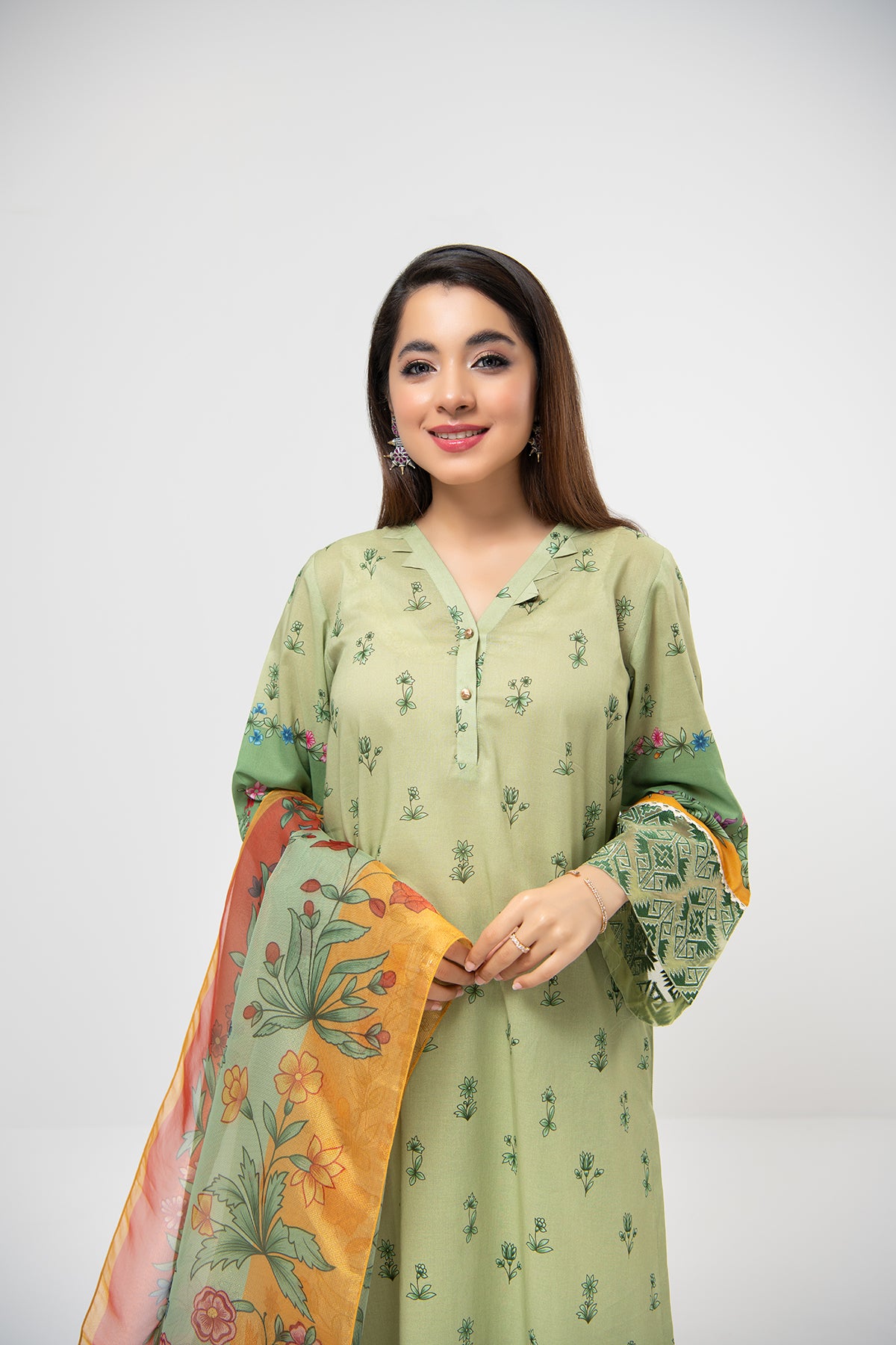 PDE21-09 3PC-Embroidered Printed Shirt, Dyed Cambric Trouser With Gold Net Dupatta
