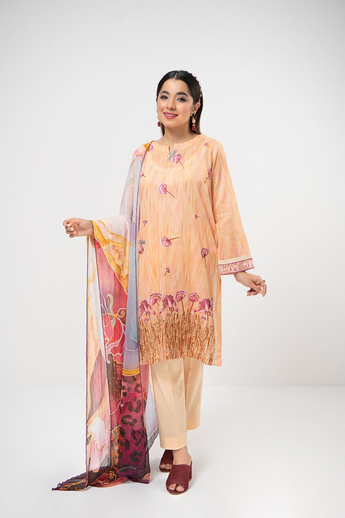 PDE21-12-Texture Printed Embroidered Shirt, Chiffon Dupatta & Straight Trouser-3PC