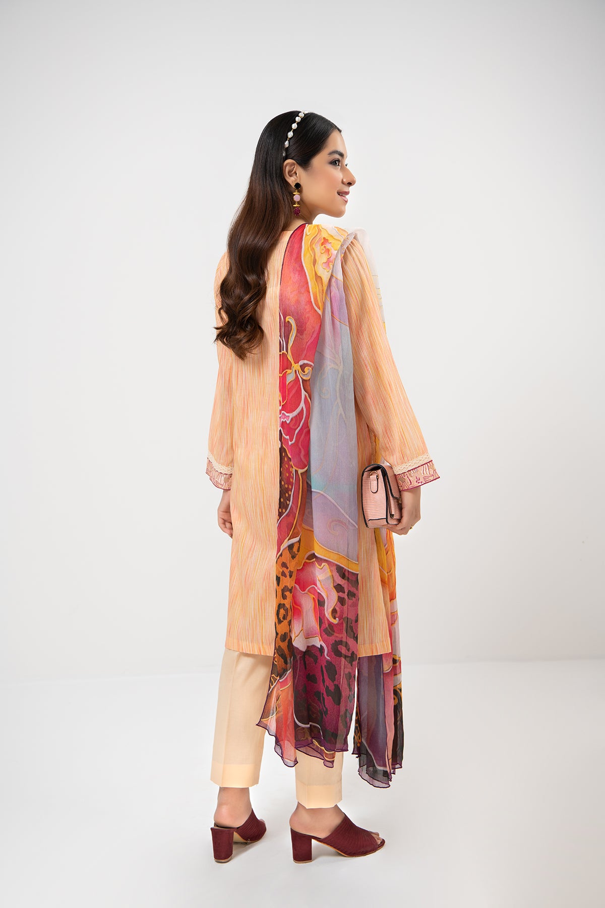 PDE21-12-Texture Printed Embroidered Shirt, Chiffon Dupatta & Straight Trouser-3PC
