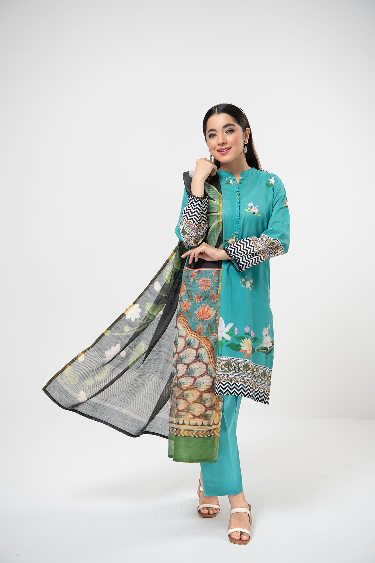 PDE21-14-Classic Shirt Comprising with Printed Dupatta & Straight Trouser-3PC