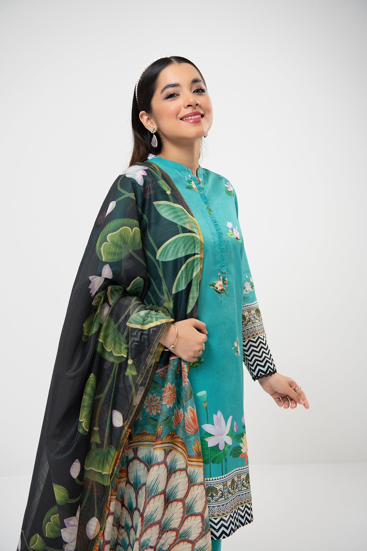 PDE21-14-Classic Shirt Comprising with Printed Dupatta & Straight Trouser-3PC
