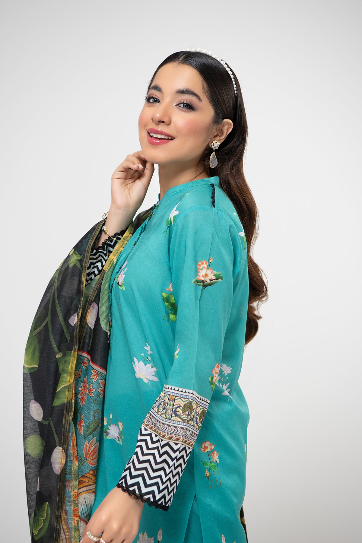 PDE21-14-Classic Shirt Comprising with Printed Dupatta & Straight Trouser-3PC