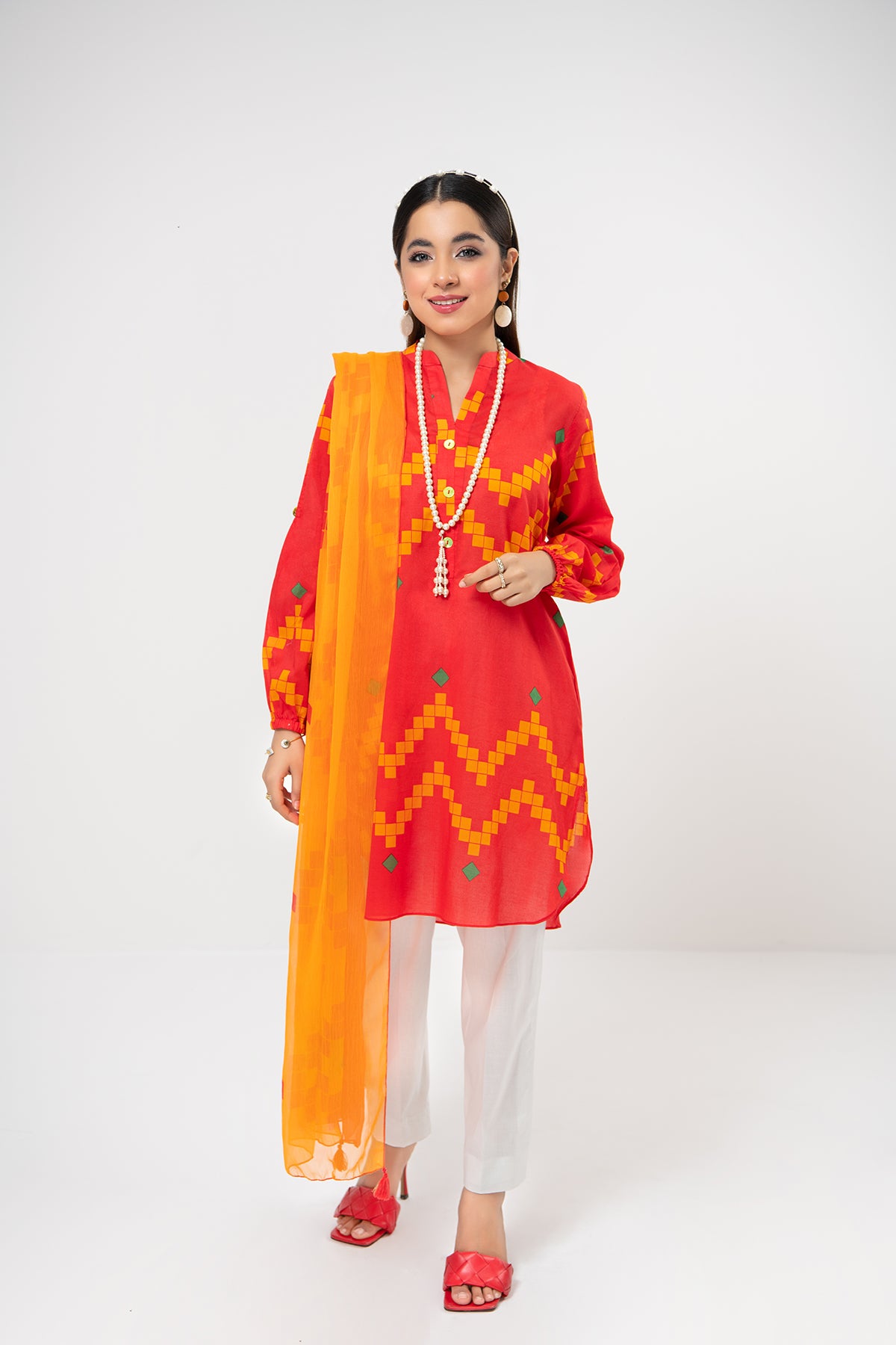 PDE21-15-Straight Shirt with Frill Baned, Pleated Sleeves & Chiffon Duaptta-2PC