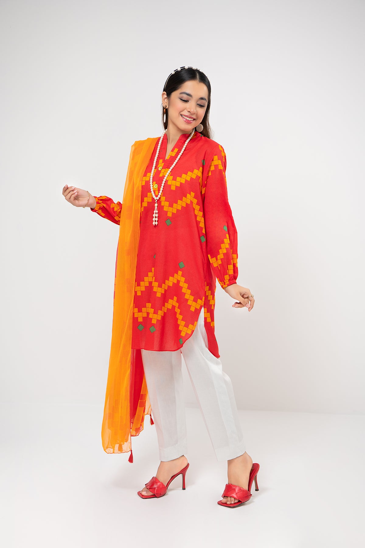 PDE21-15-Straight Shirt with Frill Baned, Pleated Sleeves & Chiffon Duaptta-2PC
