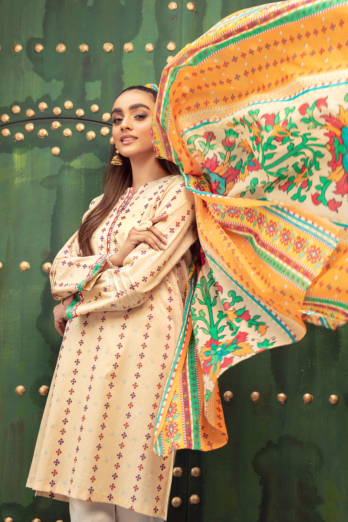 PDS21-08-Classic Shirt with Pleates & Button Detailngs with Dupatta - 2PC