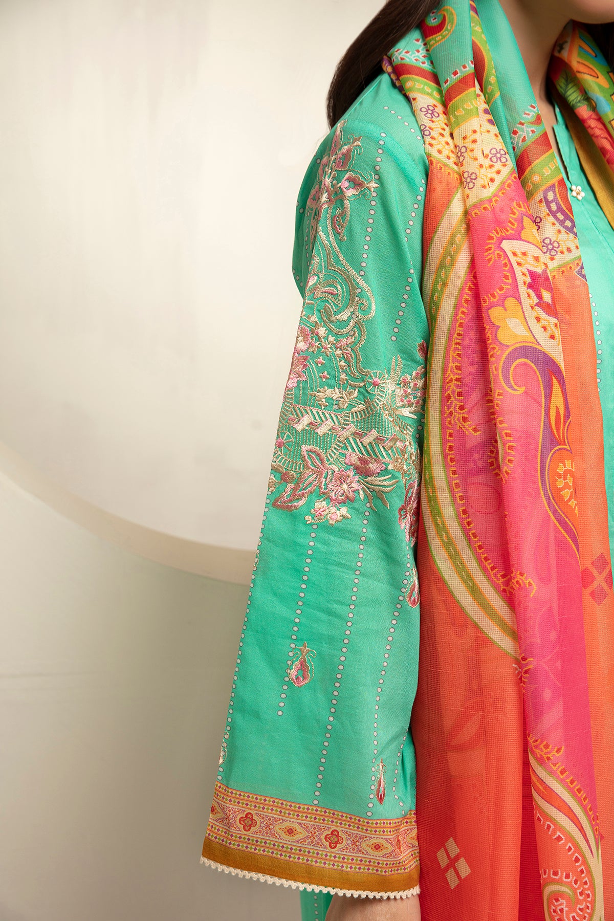 PDS21-22- Straight Classic Shirt with Button & Lace Detailing, Trouser & Dupatta with Mask - 3PC