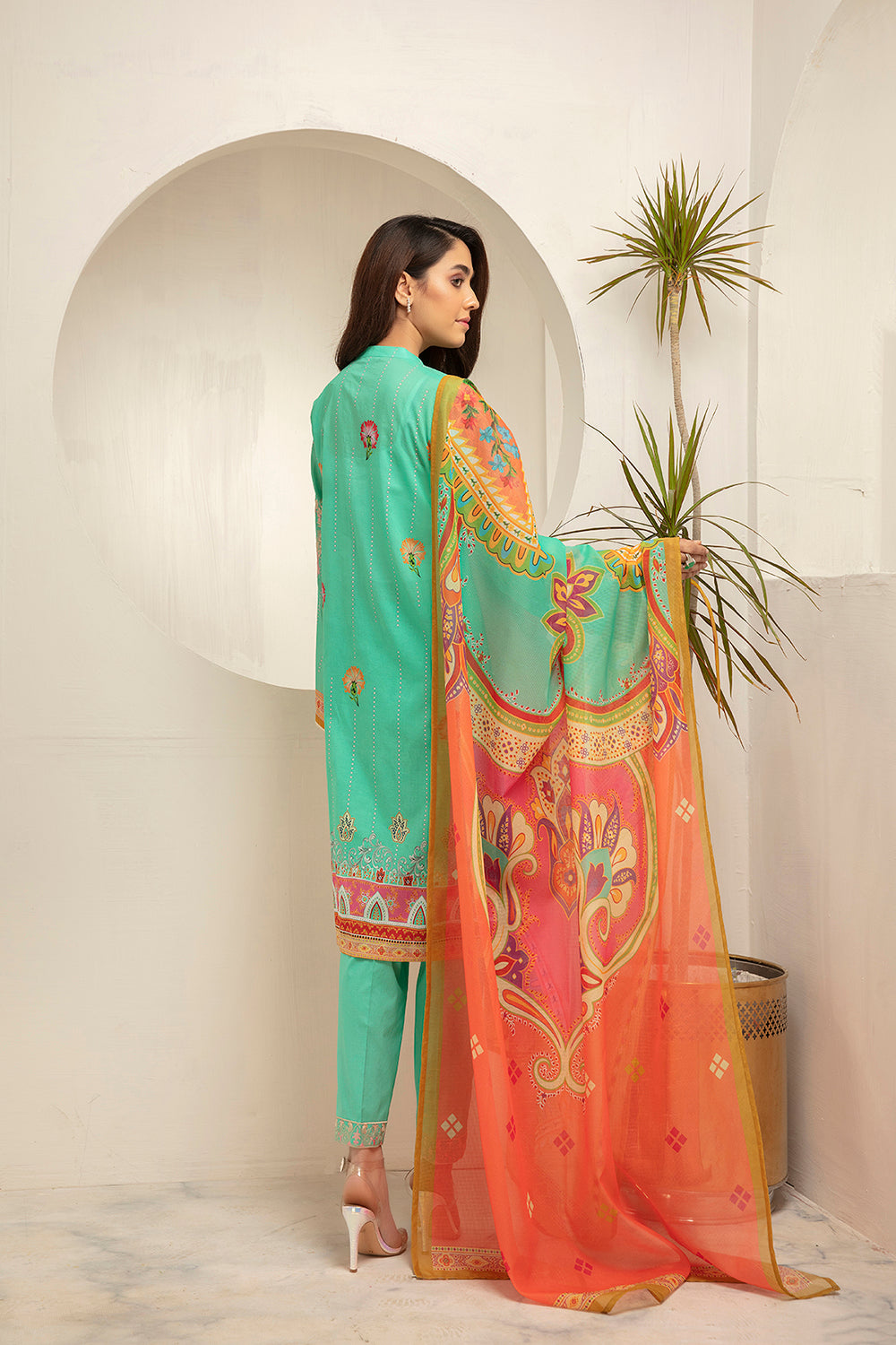PDS21-22- Straight Classic Shirt with Button & Lace Detailing, Trouser & Dupatta with Mask - 3PC