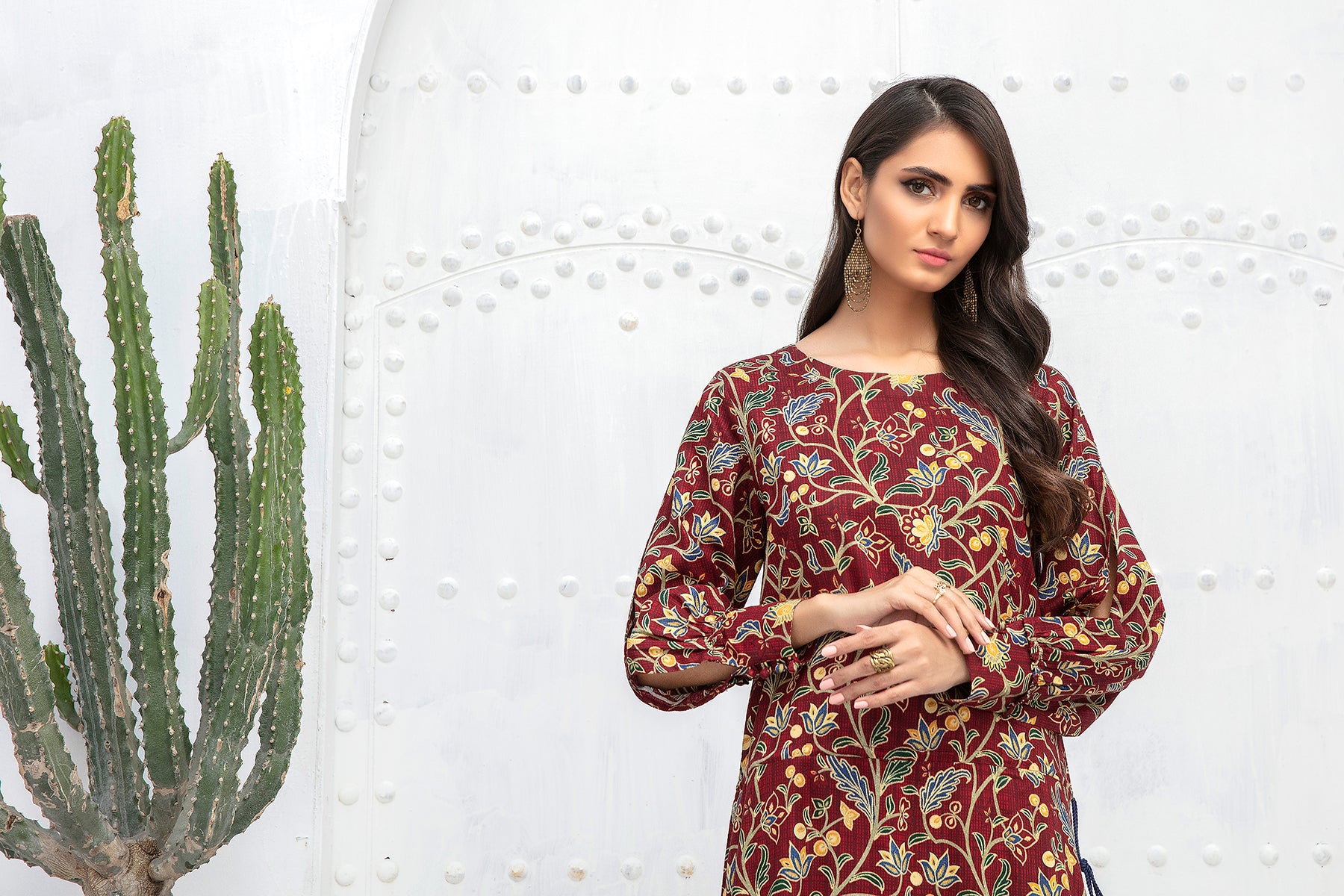 PDW20-49 Printed Stitched Linen Long Dress With Mask- 1PC