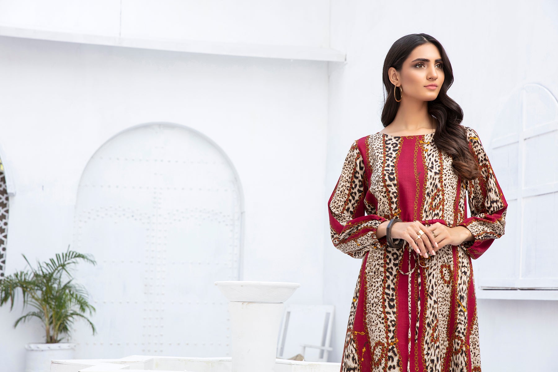 PDW20-50 Printed Stitched Linen Long Dress - 1PC