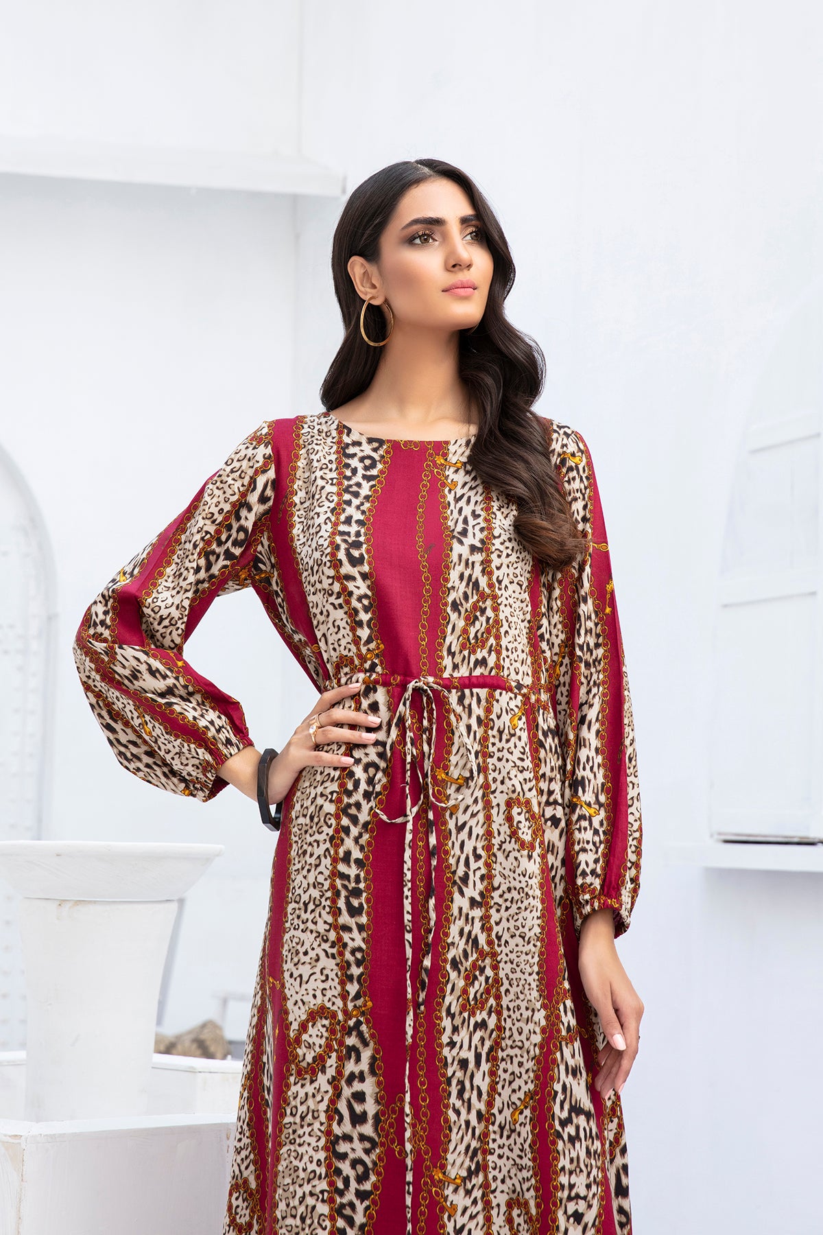 PDW20-50 Printed Stitched Linen Long Dress - 1PC