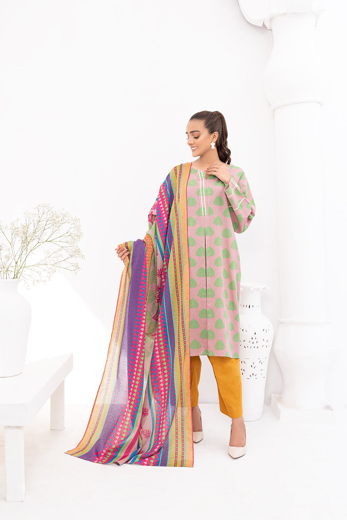 PDW20-52 Printed Stitched Linen Long Dress - 2PC