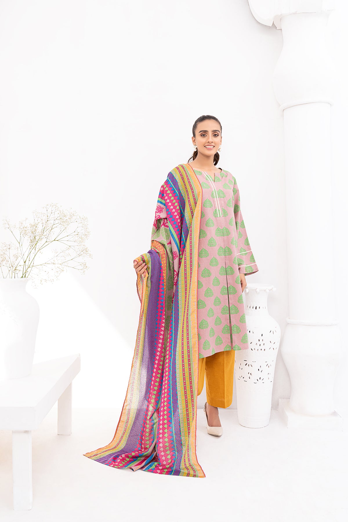 PDW20-52 Printed Stitched Linen Long Dress - 2PC