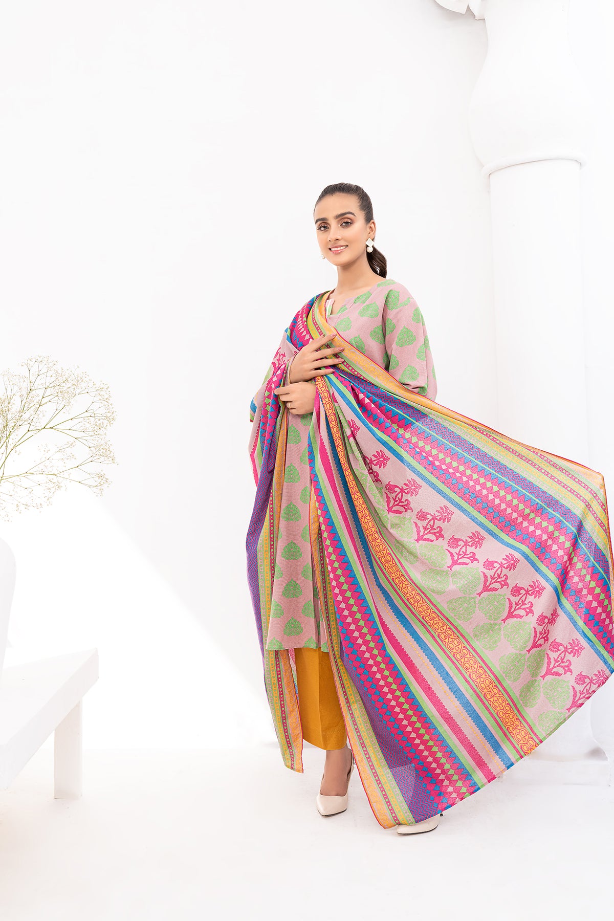 PDW20-52 Printed Stitched Linen Long Dress - 2PC