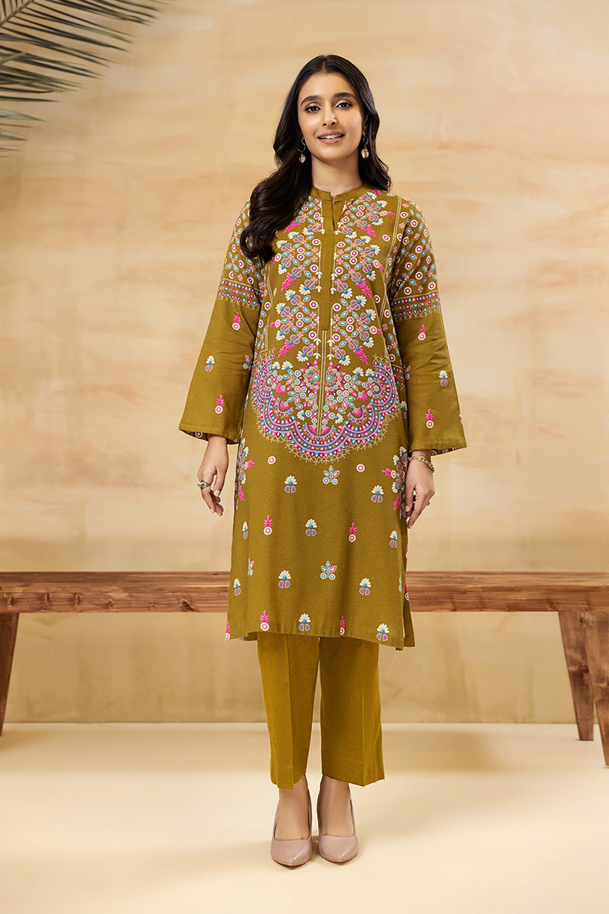 PDW22-14-Band Neck Printed Shirt with Trousers 2PC