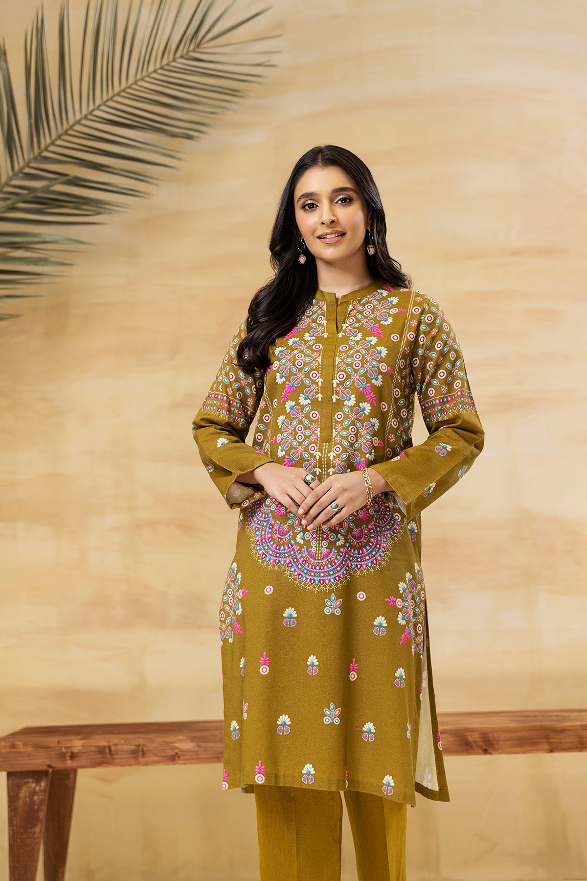 PDW22-14-Band Neck Printed Shirt with Trousers 2PC