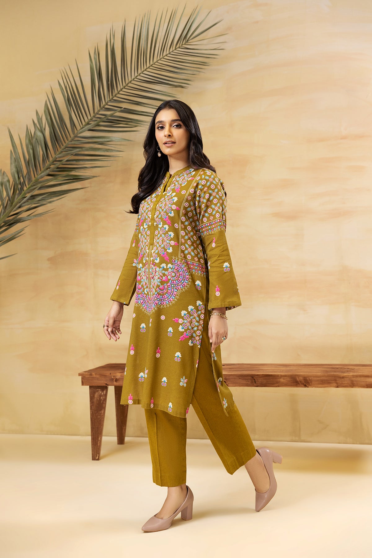 PDW22-14-Band Neck Printed Shirt with Trousers 2PC