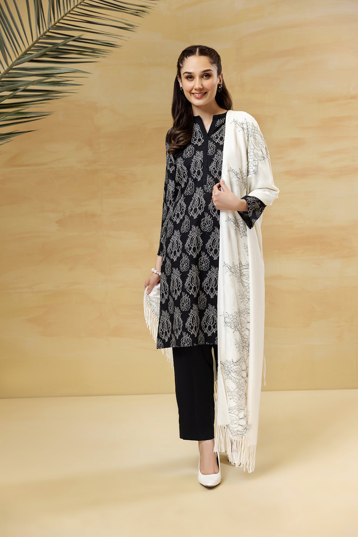 PDW22-22-Printed Shirt, Shawl  with Trousers 3PC