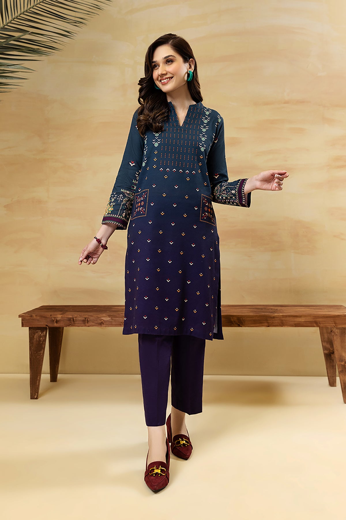 PDW22-24-Printed Straight Shirt with Trousers 2PC