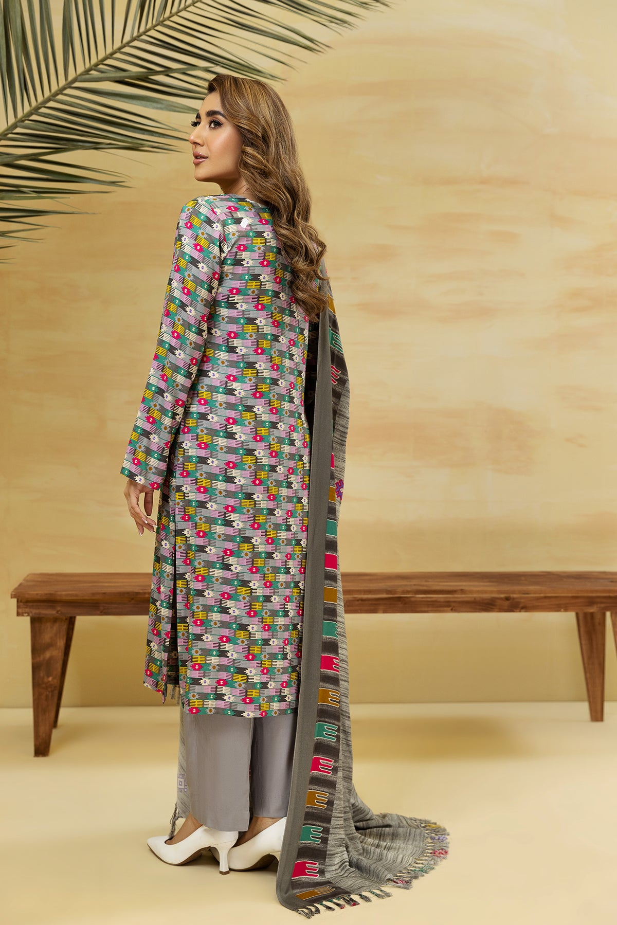 PDW22-31-Printed Straight Shirt, Shawl & Trousers 3PC