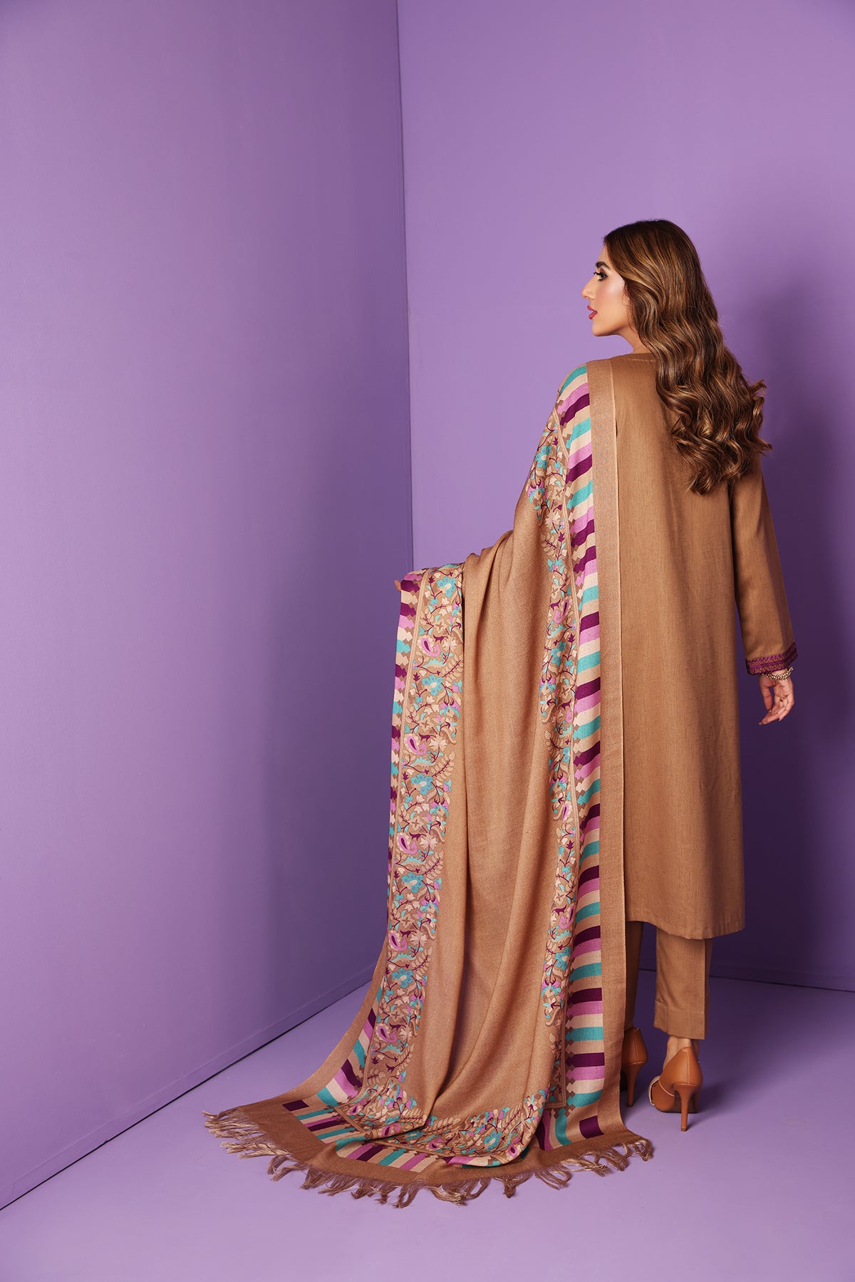 PDW22-32-Embroidered Straight Shirt, Shawl & Trousers 3PC