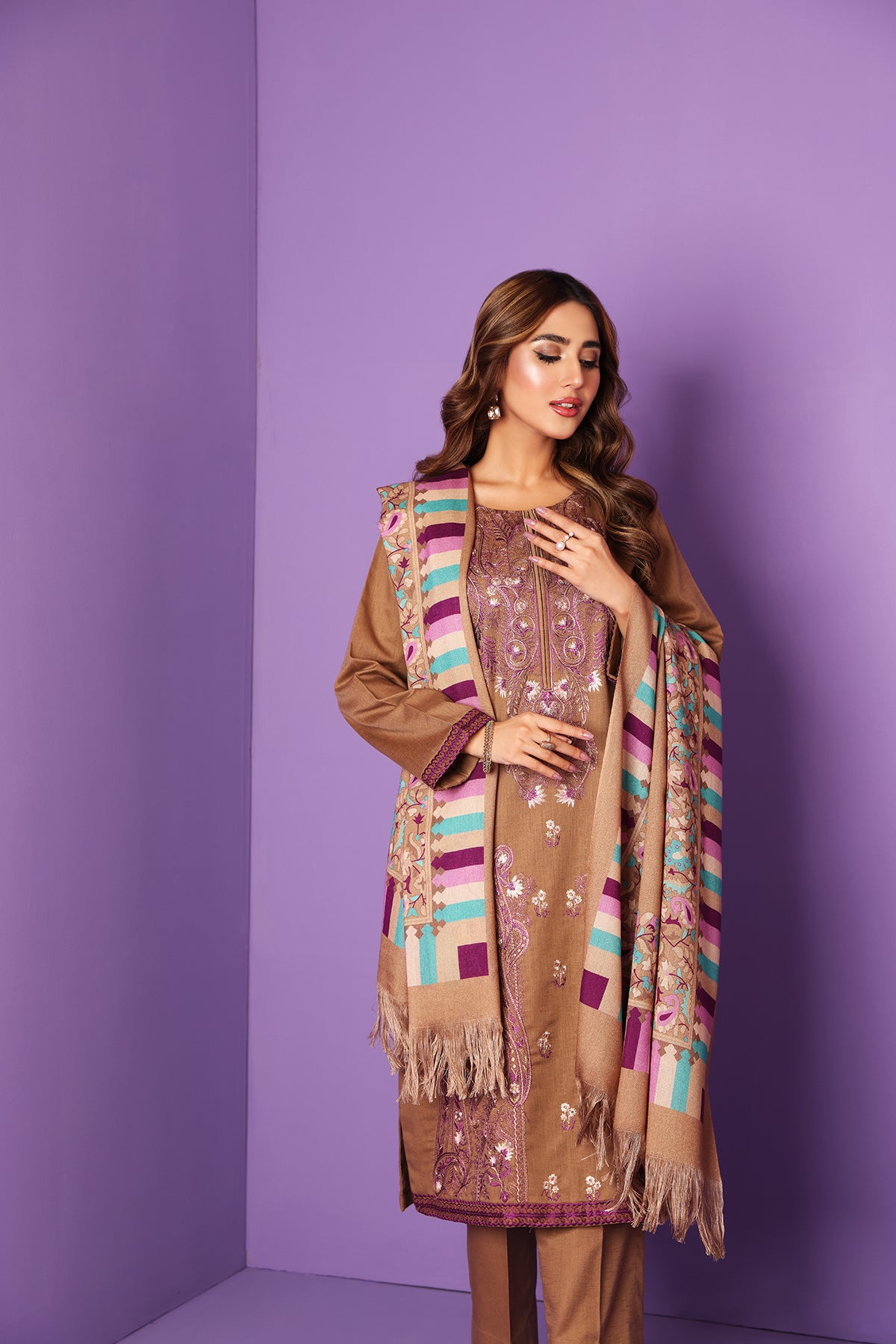 PDW22-32-Embroidered Straight Shirt, Shawl & Trousers 3PC