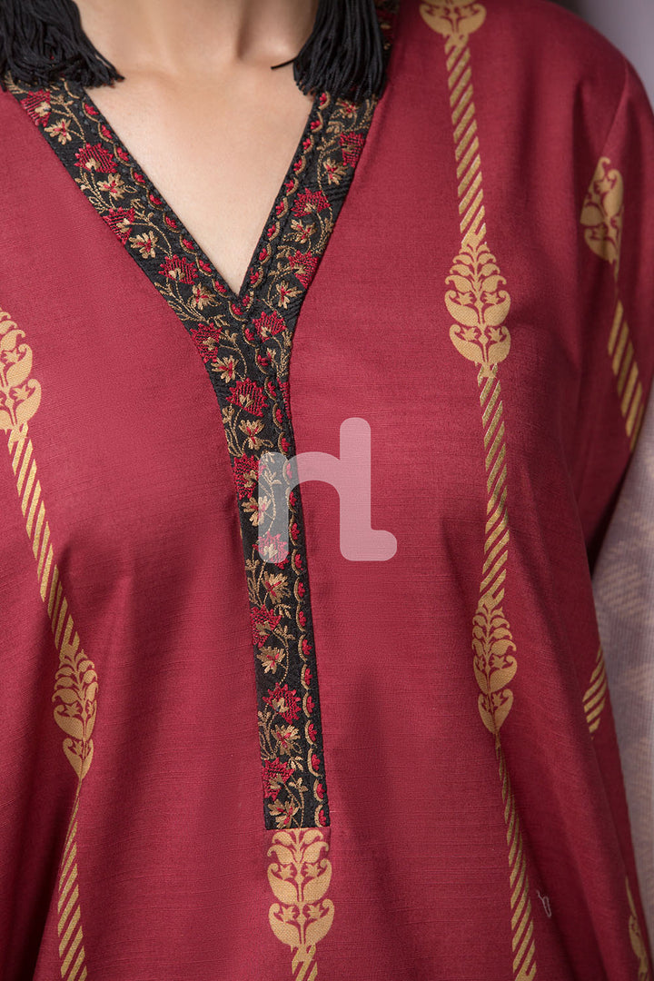 PE19-116 Maroon Printed Embroidered Stitched Slub Lawn Shirt & Printed Dupatta - 2PC - Nishat Linen UAE