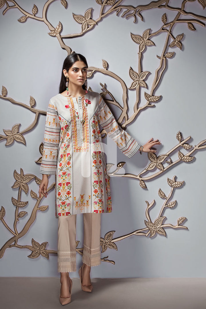 PE19-117 White Digital Printed Embroidered Stitched Lawn Shirt - 1PC - Nishat Linen UAE