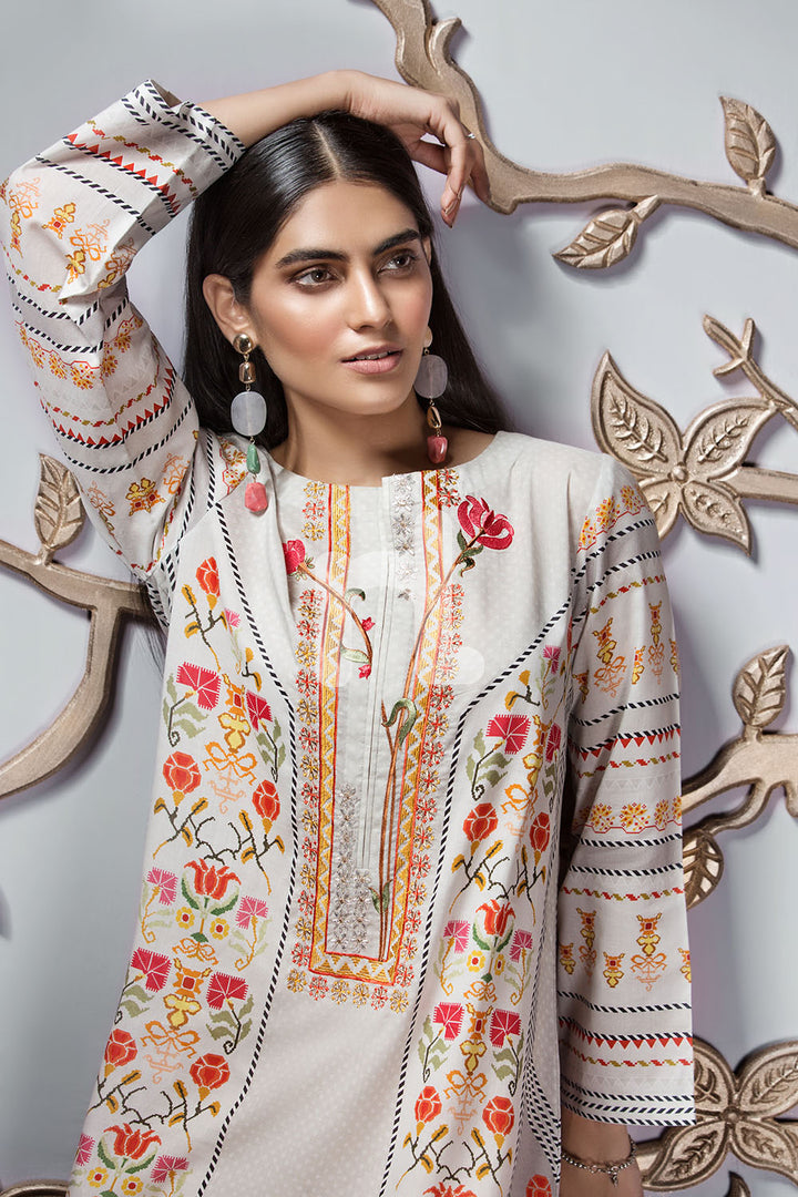 PE19-117 White Digital Printed Embroidered Stitched Lawn Shirt - 1PC - Nishat Linen UAE