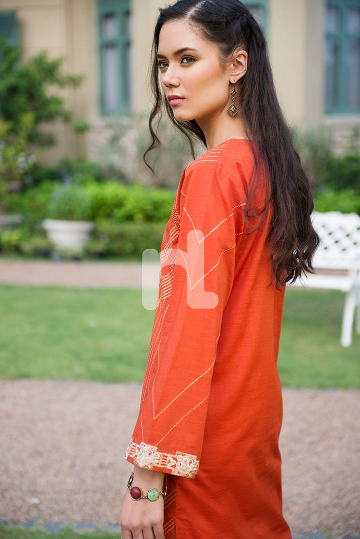 PE19-61 Orange Embroidered Stitched Lawn Shirt - 1PC - Nishat Linen UAE
