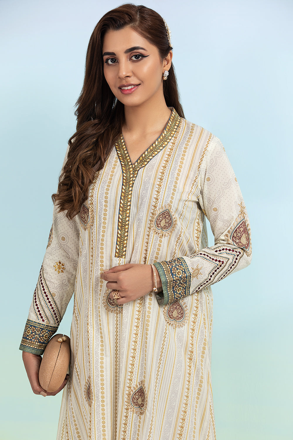 PE20-73-Long Embroidered Printed Straight Stitched Shirt -1PC