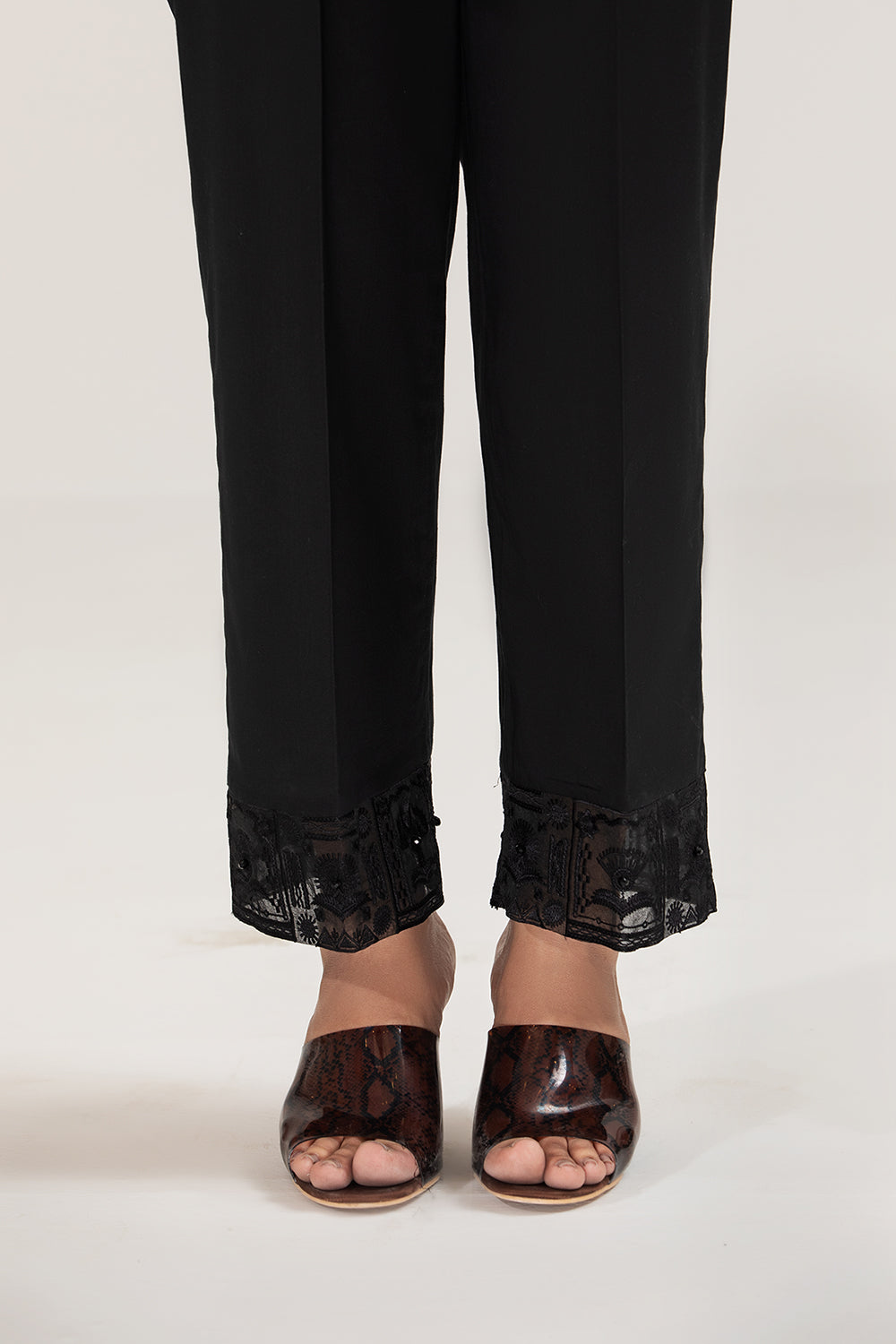 PE21-16-Loose Straight Trouser With Organza Embroidered Border On Hem And Crystal Embellishment