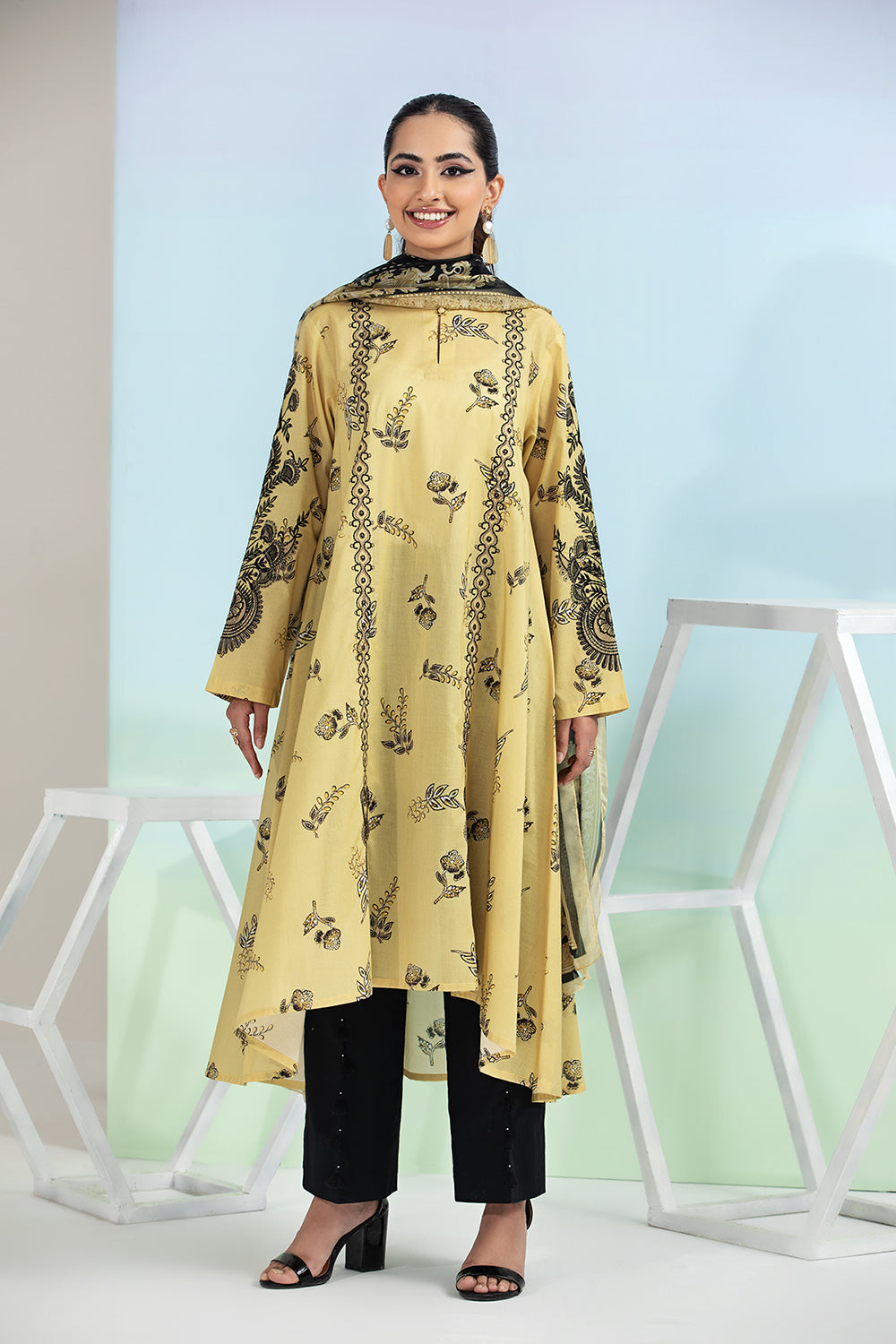 PE21-34-Flared Embroidered Stitched Shirt with Contrasting Printed Dupatta-2PC