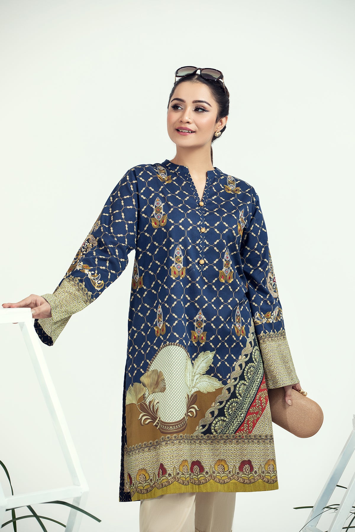 PE21-37-Embroidery & Button Detailing Classic Printed Stitched Shirt-1PC