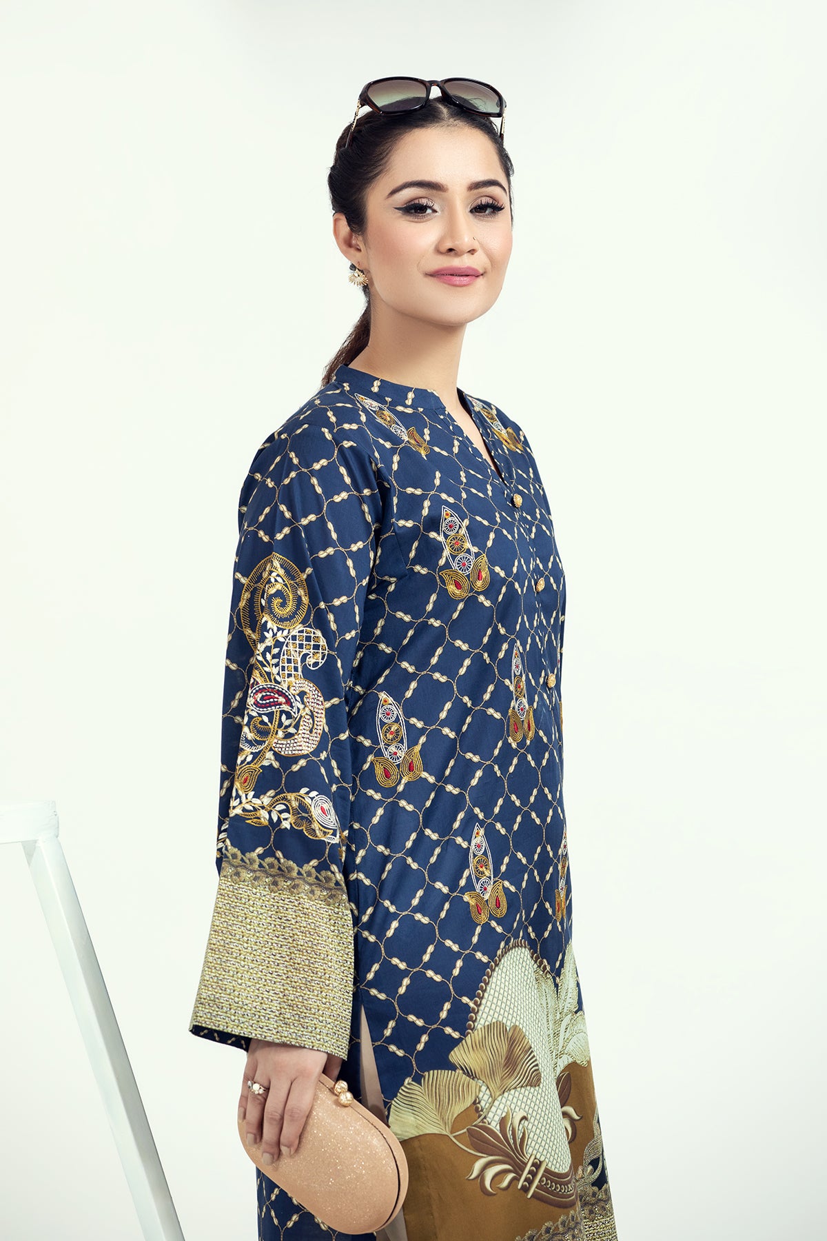 PE21-37-Embroidery & Button Detailing Classic Printed Stitched Shirt-1PC