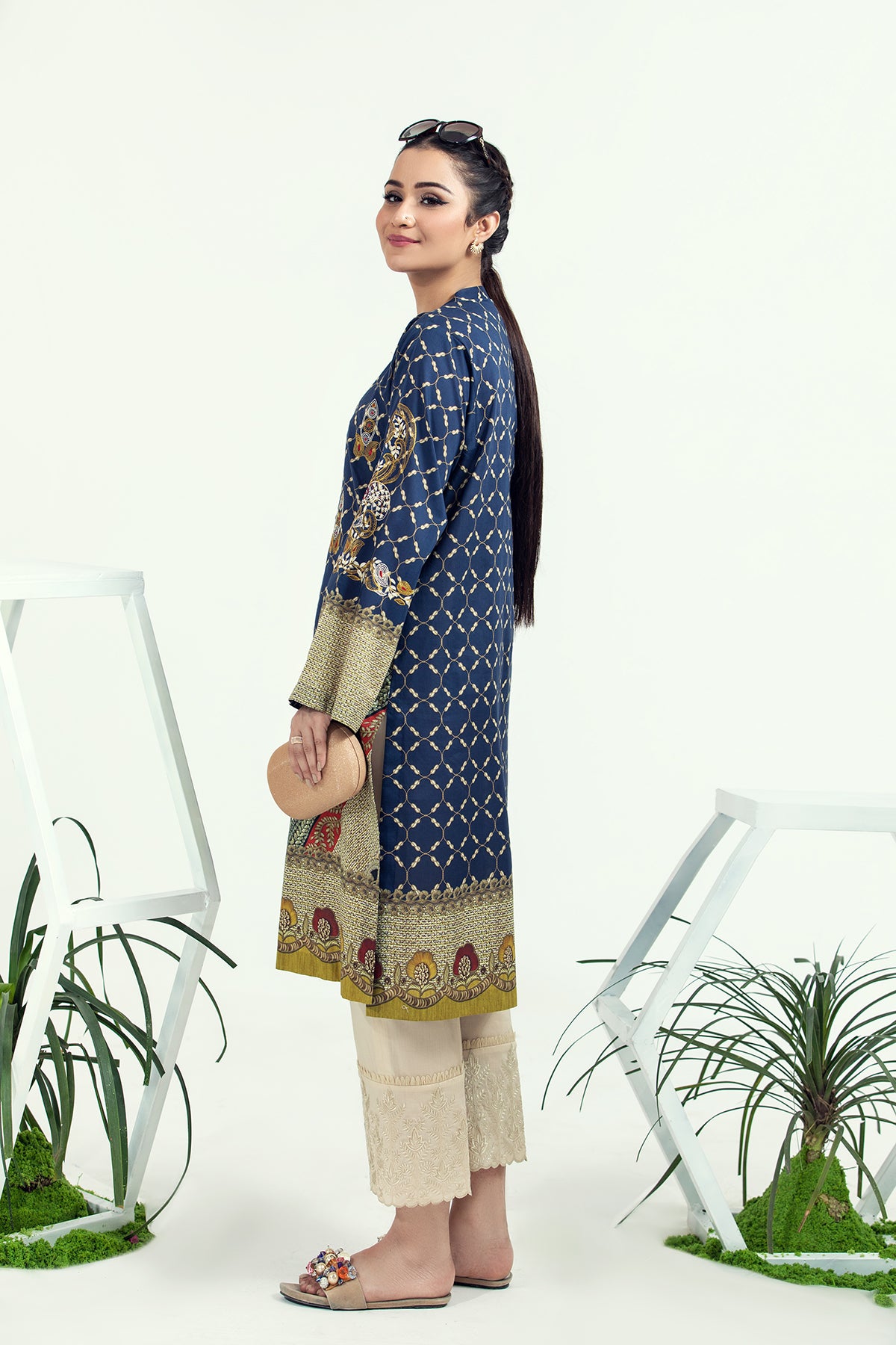 PE21-37-Embroidery & Button Detailing Classic Printed Stitched Shirt-1PC