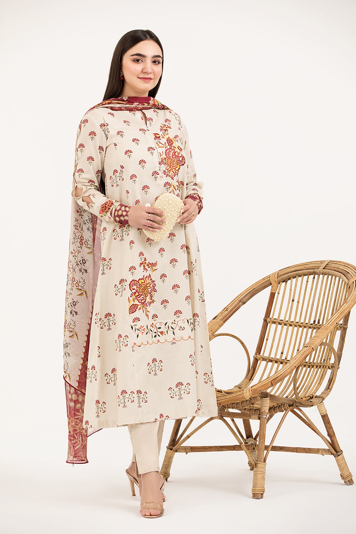 PE21-46-Mix & Match Printed Embroidered Shirt with Silk Dupatta-2PC