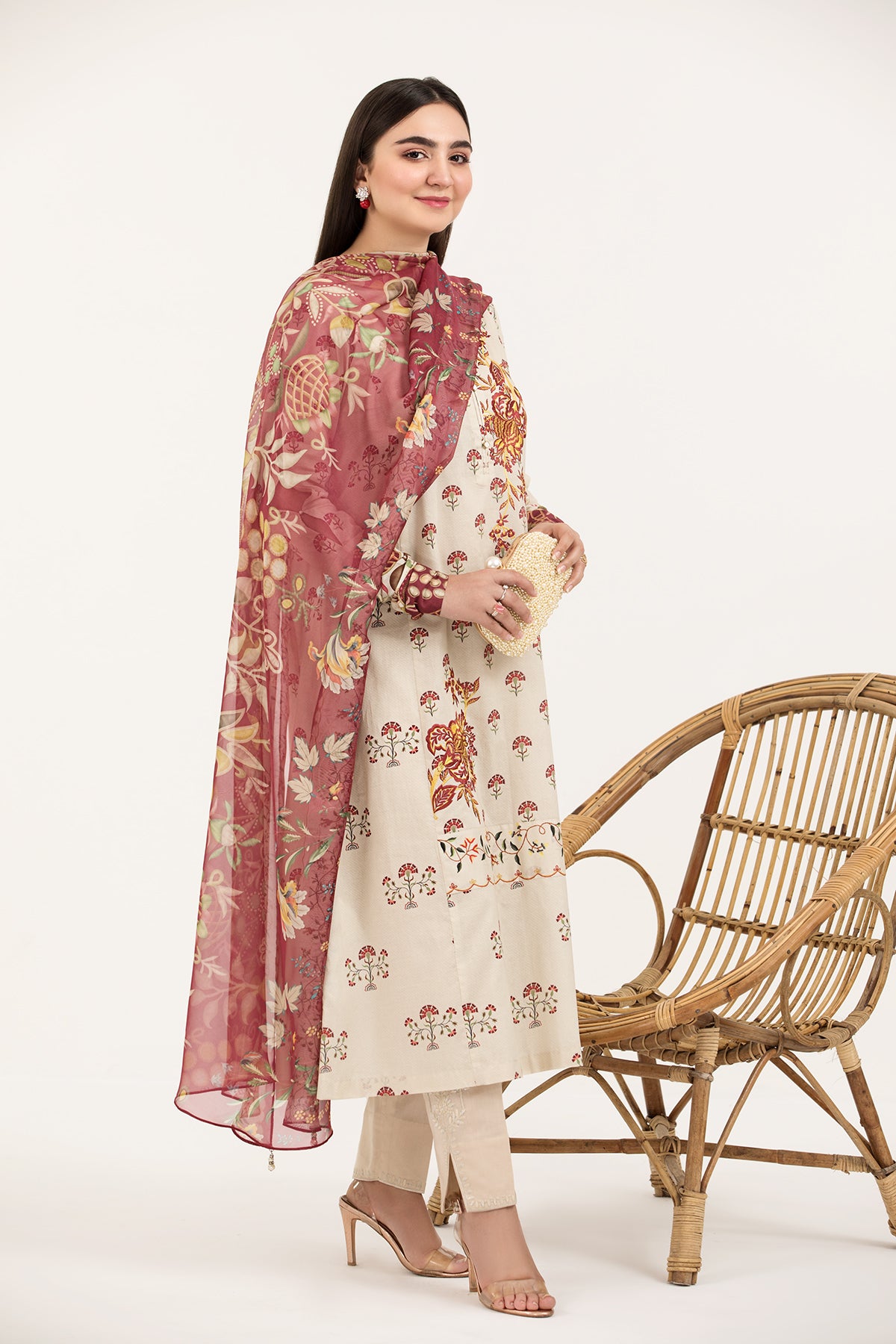 PE21-46-Mix & Match Printed Embroidered Shirt with Silk Dupatta-2PC