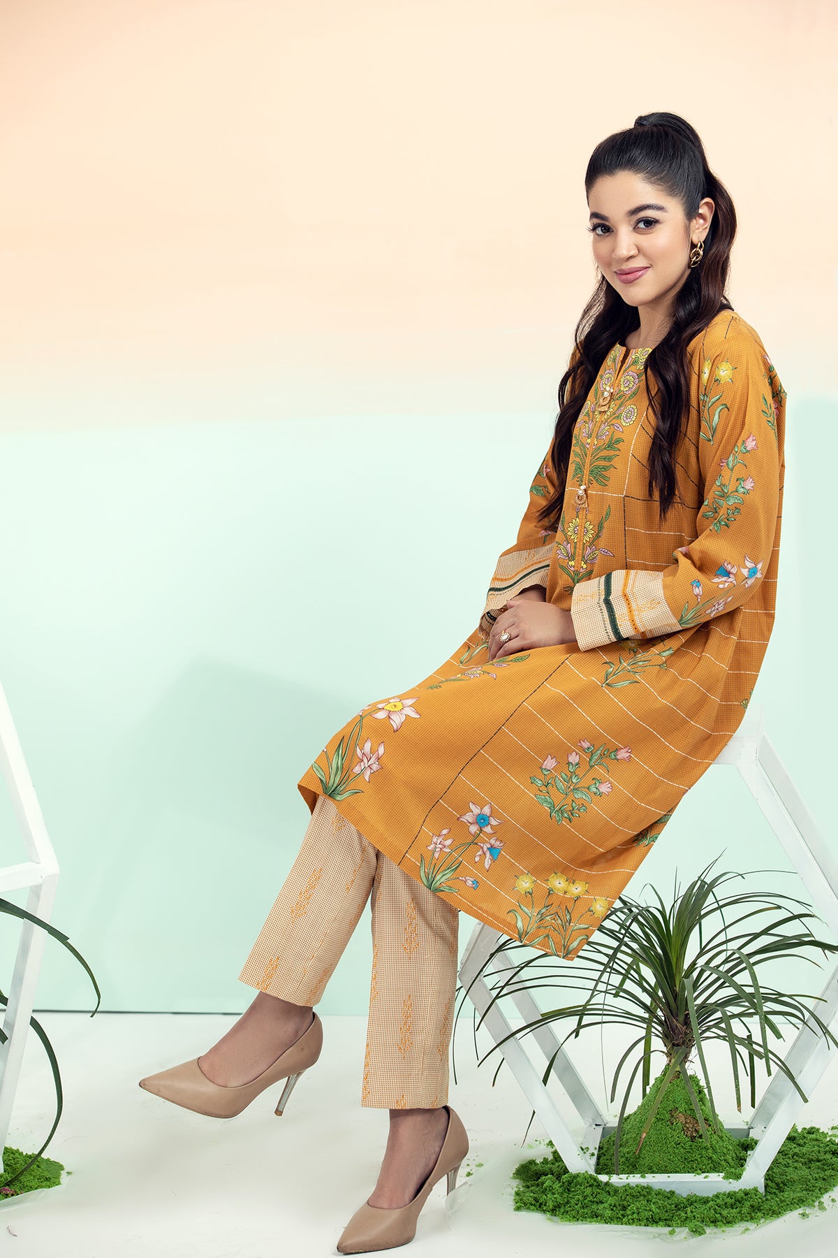 PE21-57-Tarkashi & Button Detailing Printed Stitched Shirt with Straight Fitted Trouser-2PC