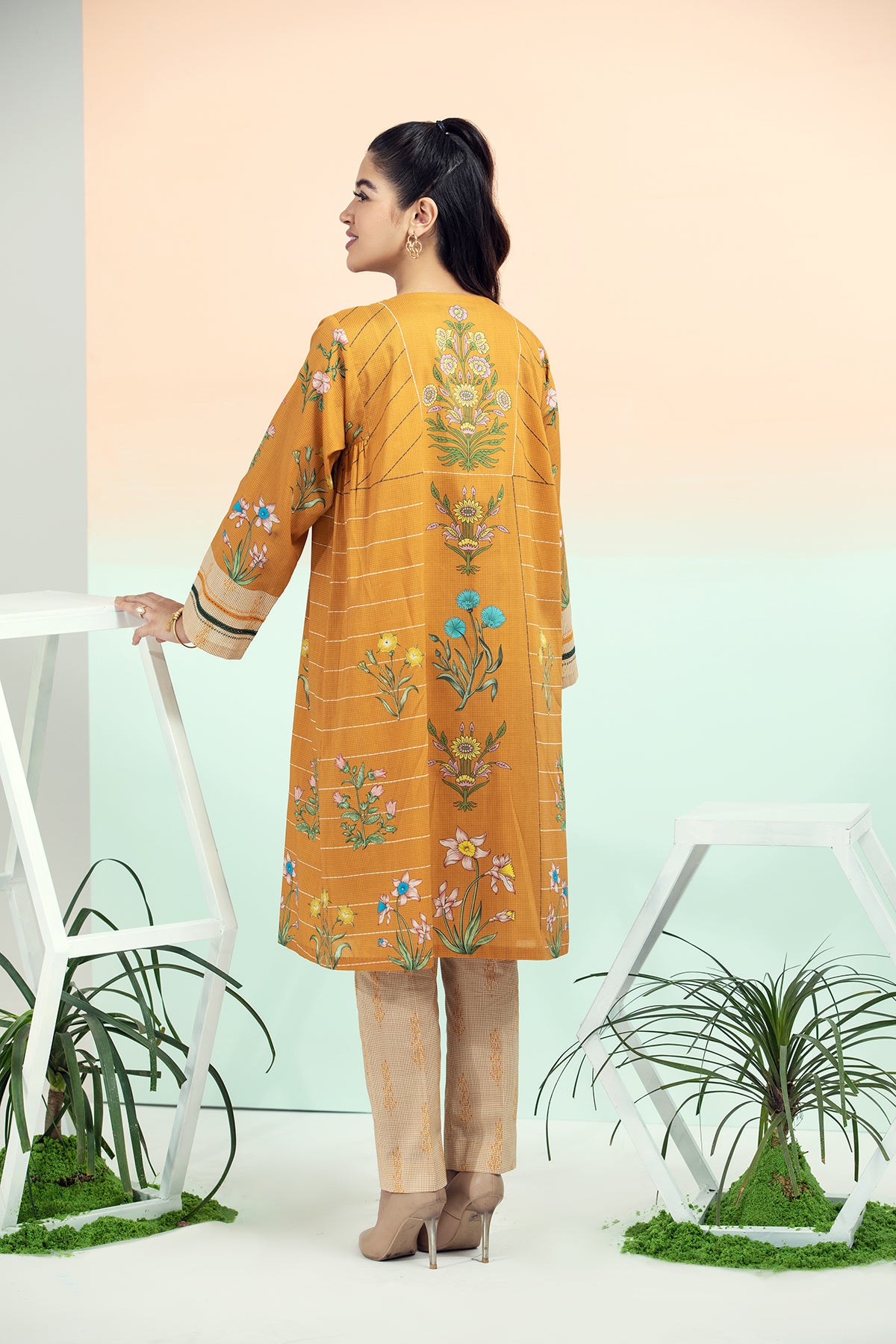 PE21-57-Tarkashi & Button Detailing Printed Stitched Shirt with Straight Fitted Trouser-2PC