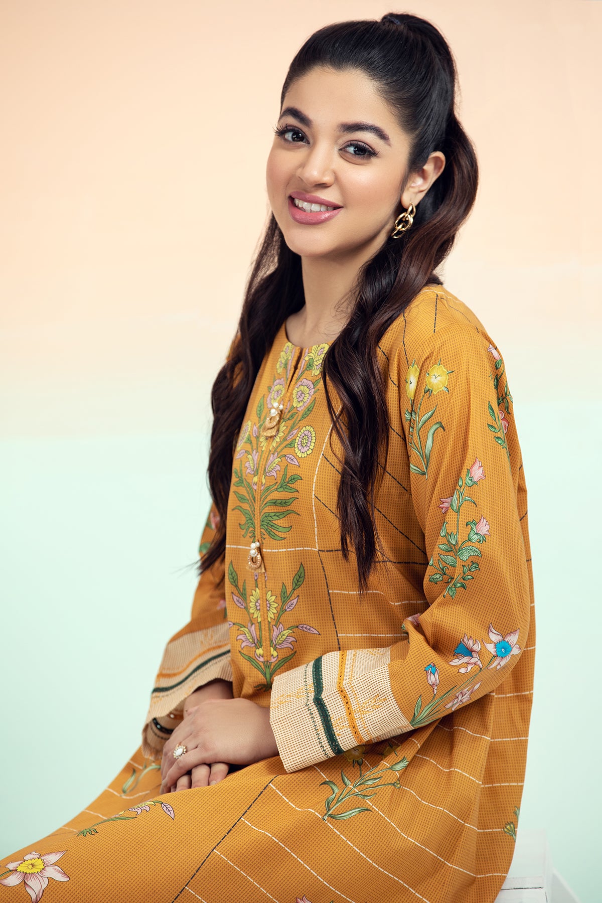 PE21-57-Tarkashi & Button Detailing Printed Stitched Shirt with Straight Fitted Trouser-2PC