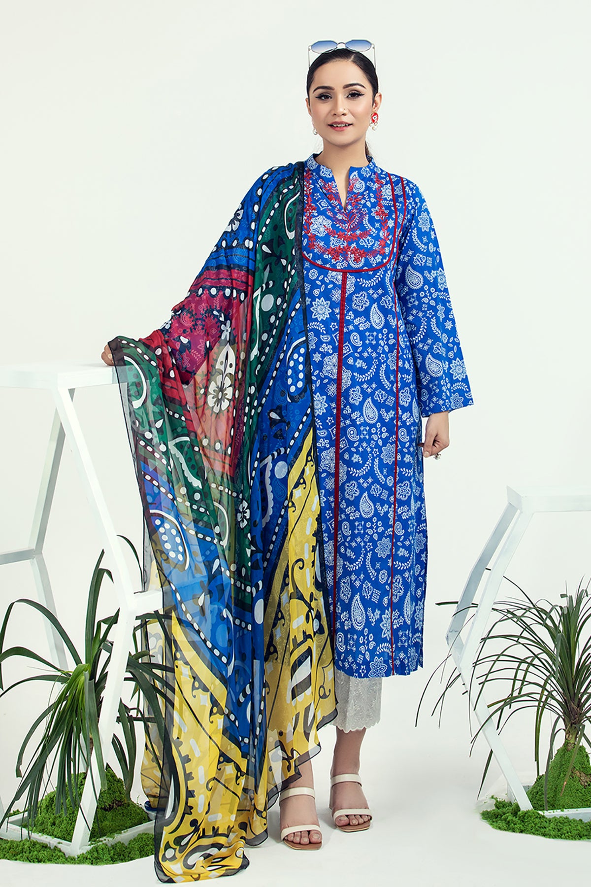 PE21-92 2PC-Classic Embroidered Shirt With Silk Dupatta
