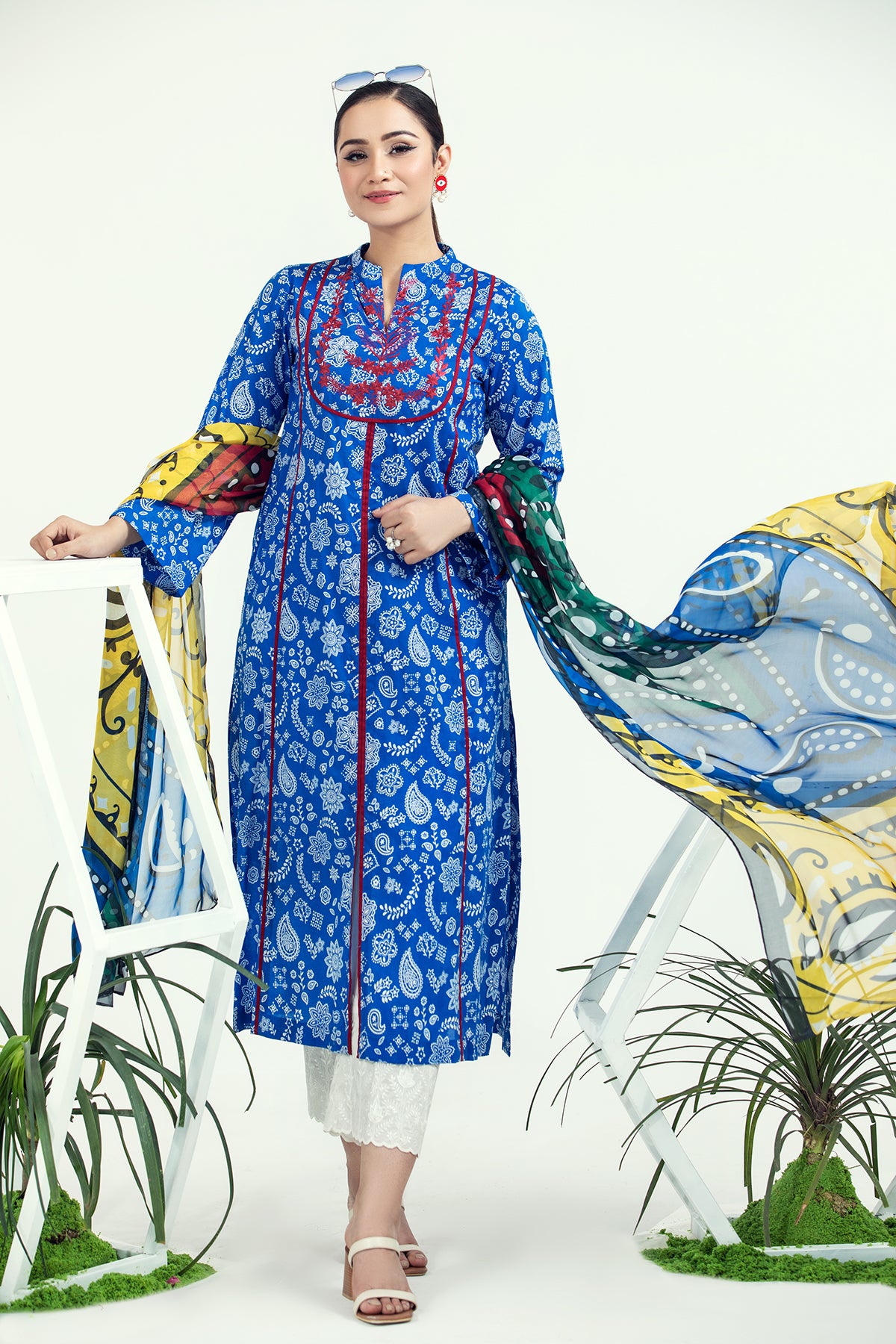 PE21-92 2PC-Classic Embroidered Shirt With Silk Dupatta