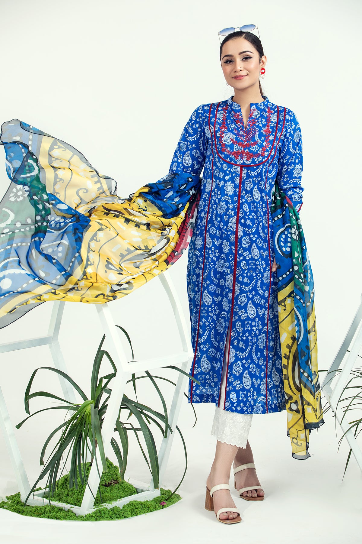 PE21-92 2PC-Classic Embroidered Shirt With Silk Dupatta