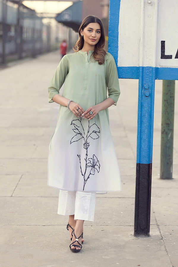 PE22-08-Printed Embroidered Long Shirt 1PC