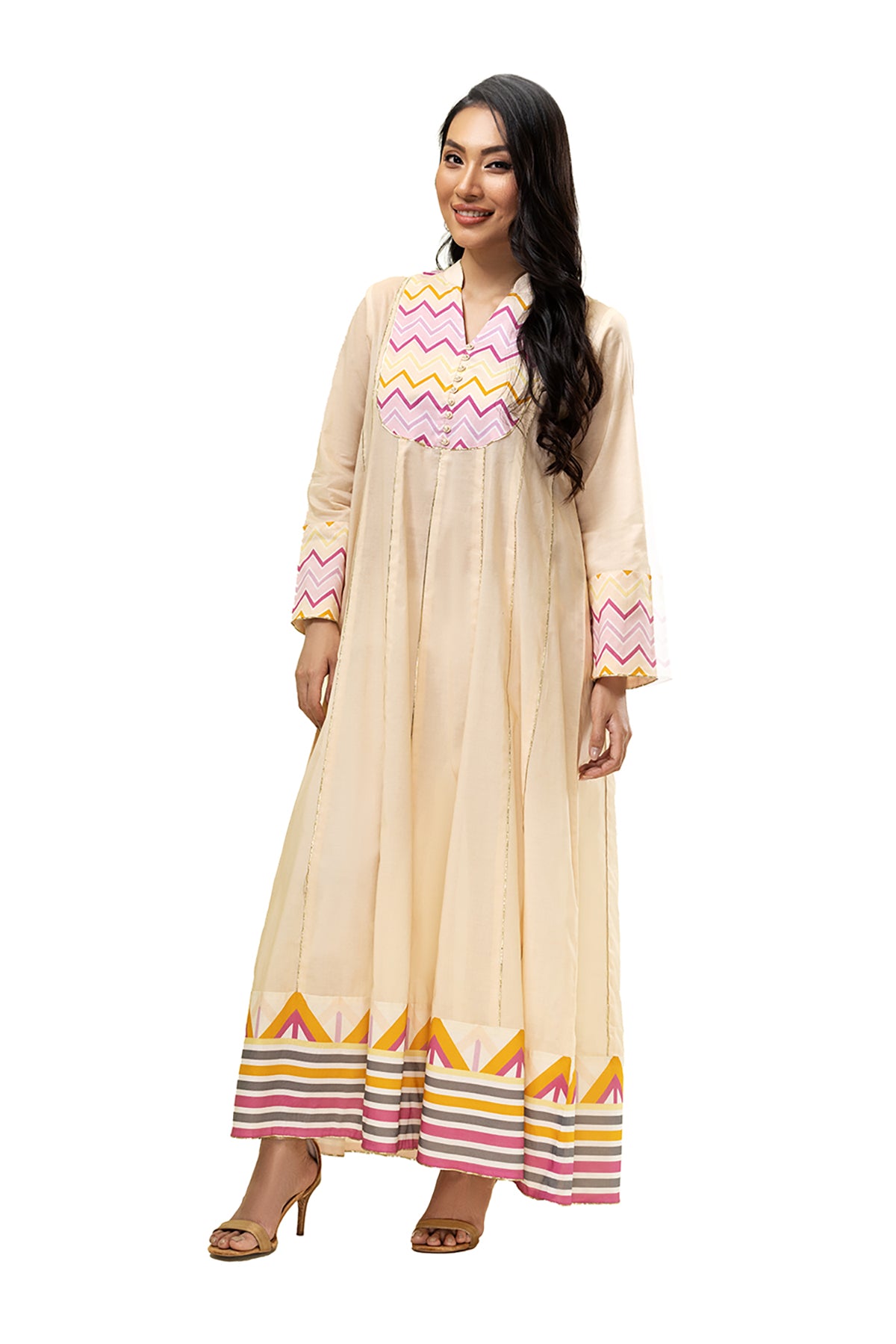 PE22-14-Band Neckline Printed Long Dress 1PC