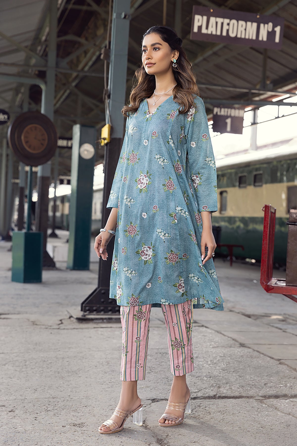 PE22-22-Printed Paneled Kurta With Trousers 2PC