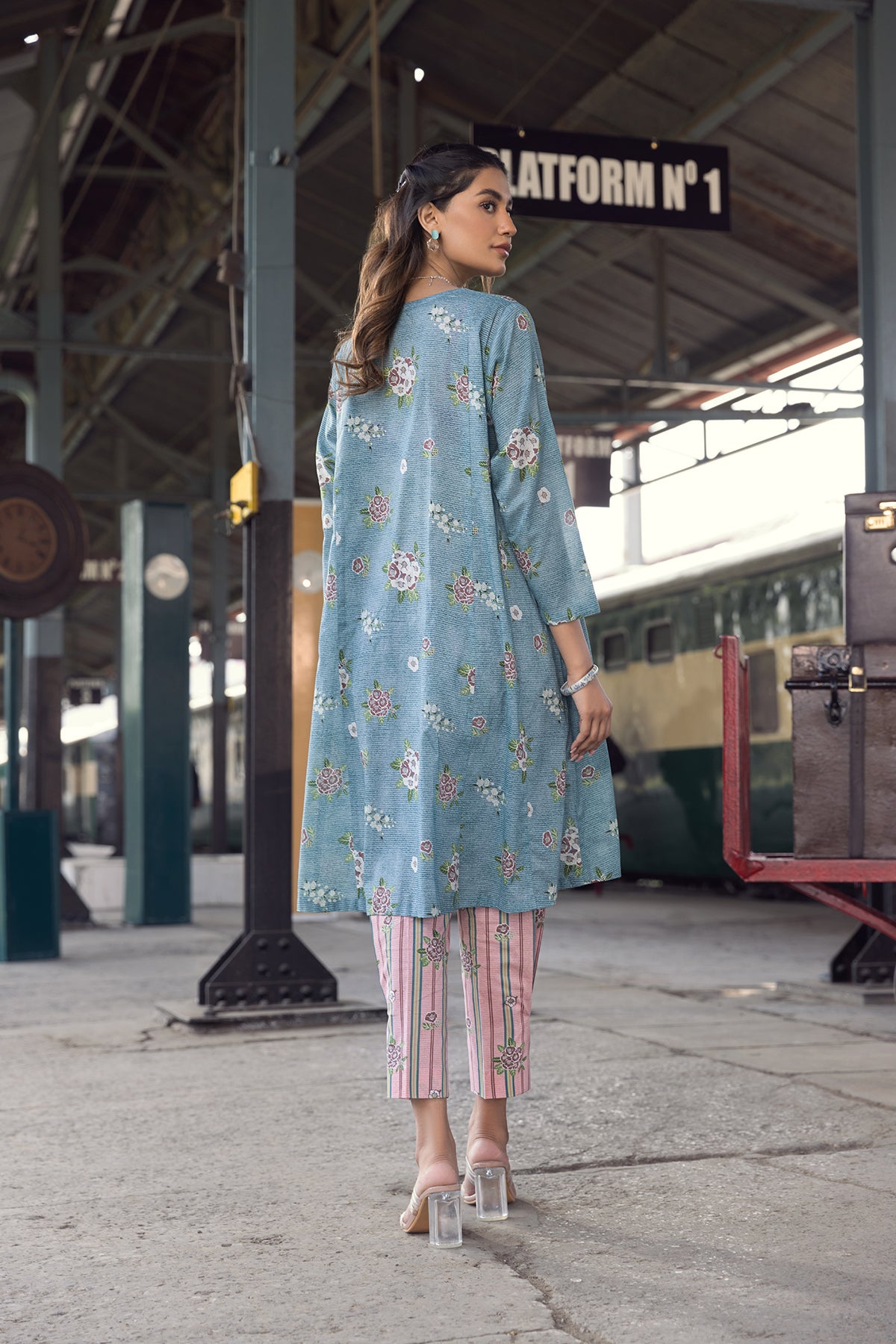 PE22-22-Printed Paneled Kurta With Trousers 2PC